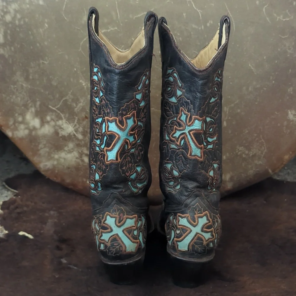 CORRAL R2482 Espresso brown & turquoise inlay crosses & roses cowgirl boots sz 7 - Picture 7 of 16